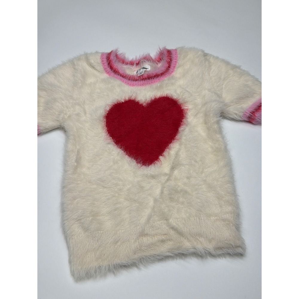 Art‎ Class Kids Fuzzy Cream Red Heart Short Sleeve Sweater Y2K Faux Fur Top XL